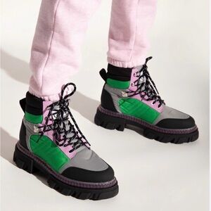 GANNI chunky lace-up ankle boots, size 37, green pink grey color block
